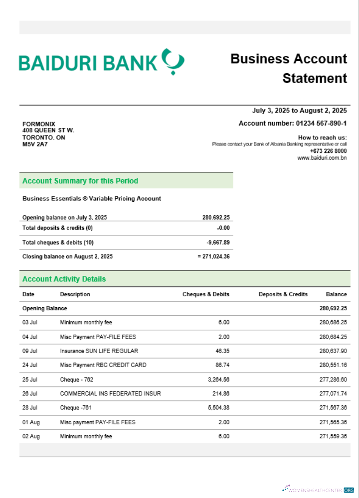 Download Baiduri Bank business account statement Word and PDF template Photoshop template